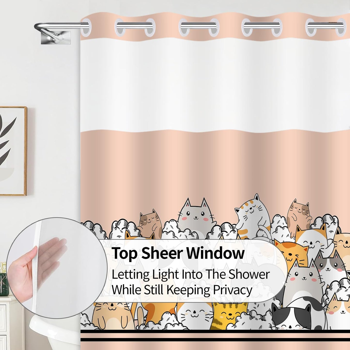 Mowxune Cat Shower Curtain for Kids, Cartoon Animal Shower Curtain with Snap in Liner Set Double-Layer Hookless Shower Curtain for Bathroom Orange Pink 71x74inch