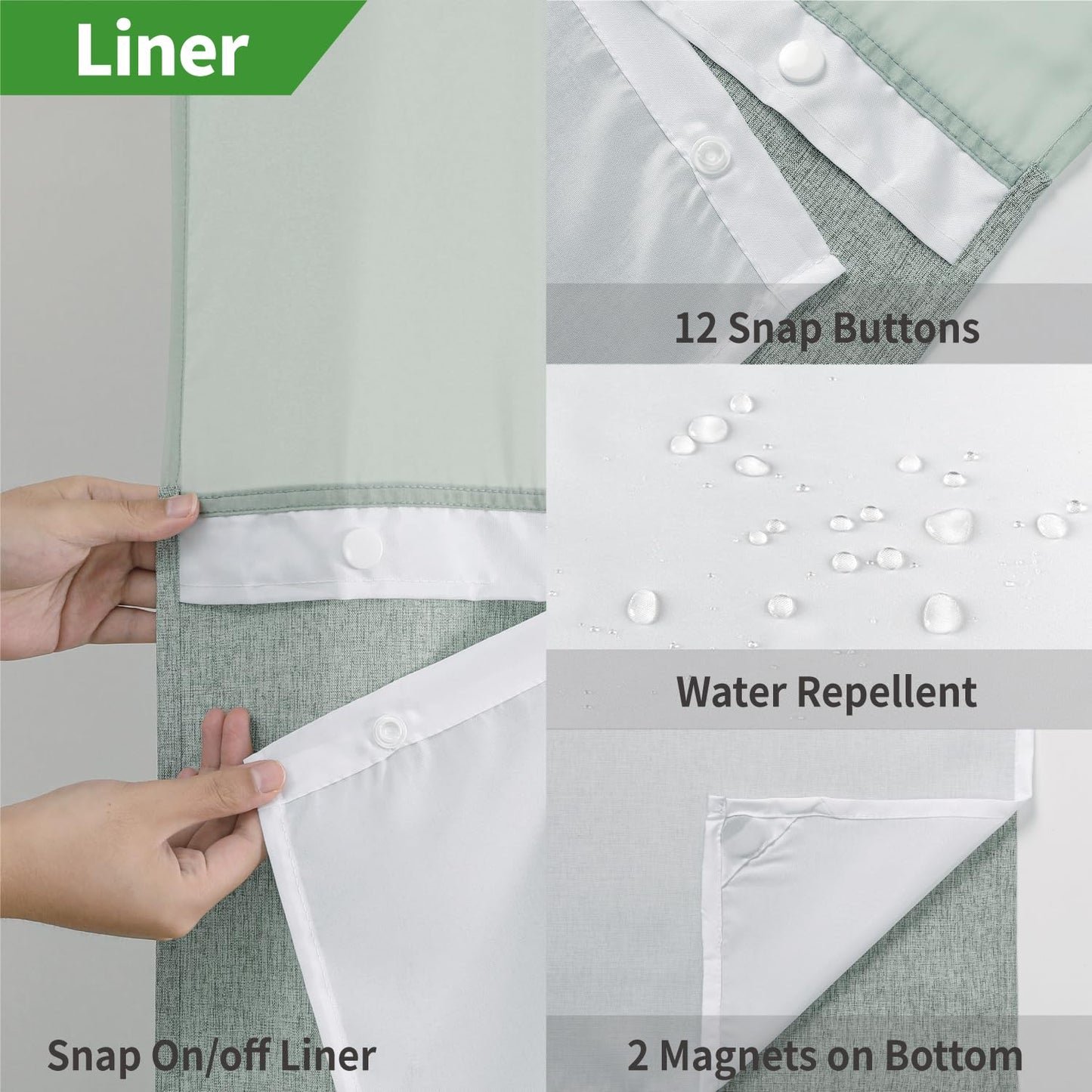 eachope No Hooks Needed Linen Textured Shower Curtain with Snap-in Fabric Liner Set,Sage Green Hotel Luxury Decor Shower Curtains for Bathroom,Water Repellent & Washable,71Wx77H