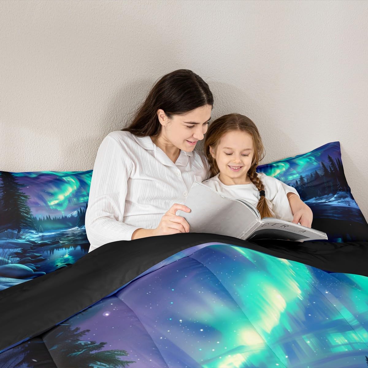 Manfei Northern Lights Kids Comforter Set Twin Size,Pine Trees River Natural Bedding Set Room Decor,Romantic Mysterious Magical Quilt Comforter,Blue and Green Duvet Set Bedroom Quilt Set,1 Pillowcase