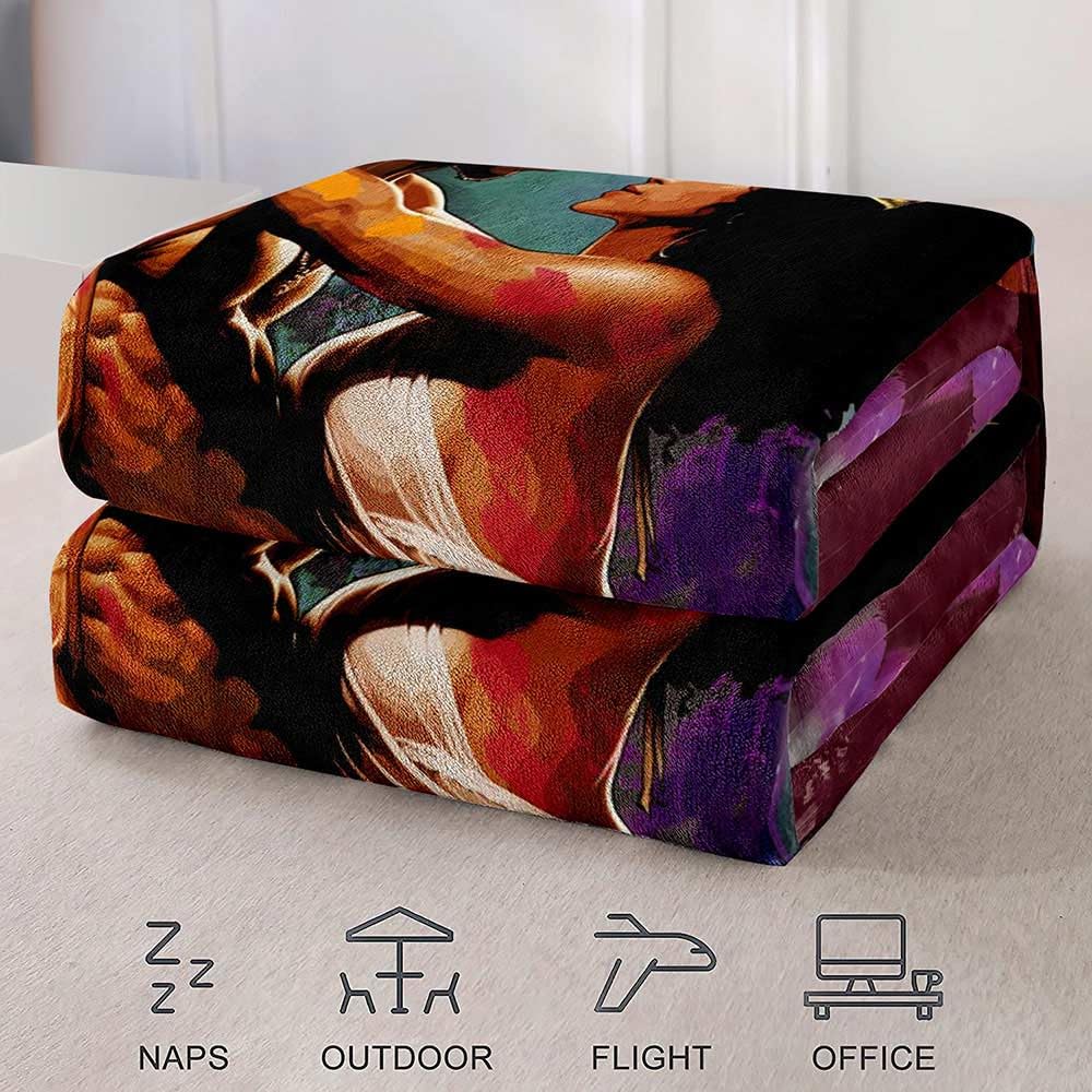 Camille&Andrew African American Throw Blanket, Oil Painting Gold Crown Afro King Queen Black Woman Man Black Couple Blanket, Cozy Soft Flannel Blanket for Couch Sofa Bed, 50"x60"