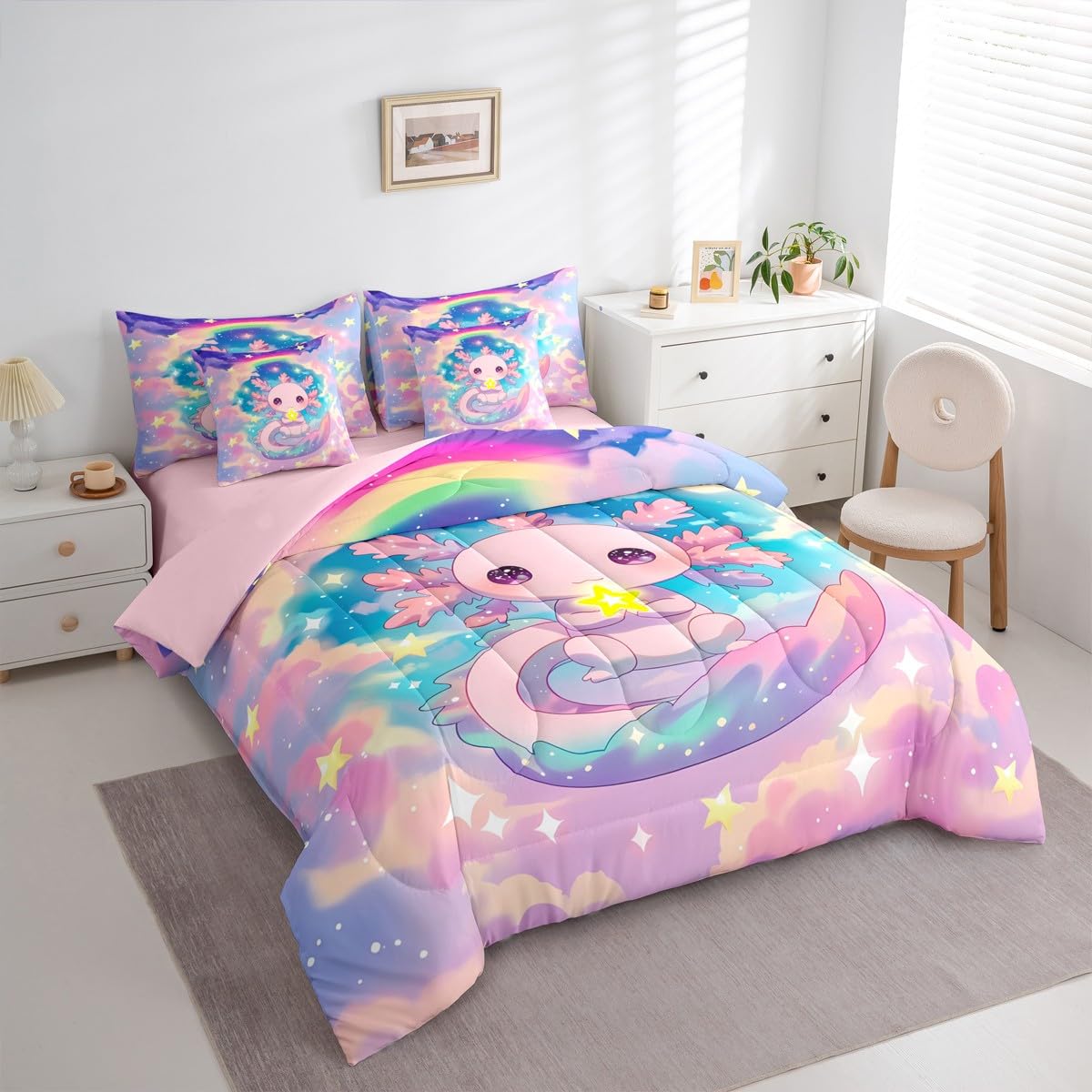Girls Axolotl Queen Comforter Set Preppy Cute Axolotl Bed in a Bag with Flat and Fitted Sheet for Kids Boys Teens Dreamy Cloud Stars Rainbow 7-Piece Bedding Set Cartoon Ocean Animal Quilt Duvet Sets