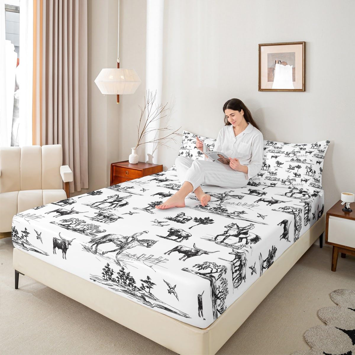 Western Sheet Set Twin Size Sketch Cowboy Cow and Horse Bedding Set 3Pcs Farm Animal Bed Sheet for Kids Boys Girls Adult Room Decor Black White Rustic Farmhouse Fitted + Flat Sheet,1 Pillowcase
