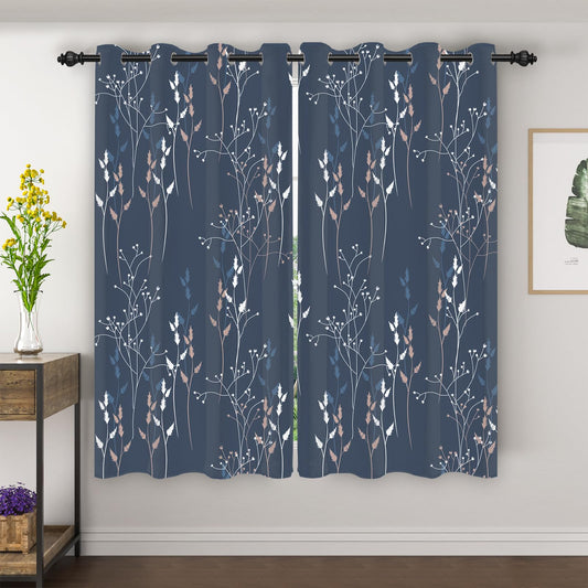 GICDSU Blue Leaves Blackout Curtains 63 Inch Length, Room Darkening Curtains for Living Room Bedroom with Botanical Printed, 2 Panels Set W52xL63