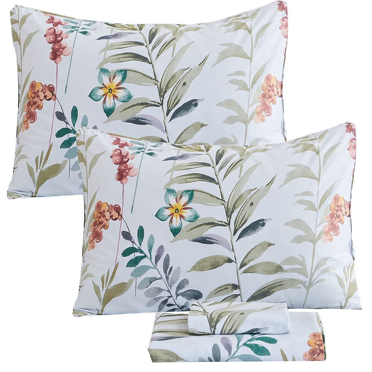 FADFAY Floral Leaves Sheet Set Queen, Premium 100% Cotton 600 TC Green Leaf & Teal Flower Watercolor Farmhouse Bedding, Super Soft Breathable Deep Pocket Bed Sheets Set, 4-Piece Queen