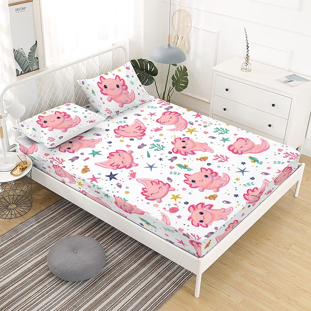 Gusuhome Girls Axolotl Sheet Set for Kids Twin Pink - 3D Kawaii Ocean Bedding Bed Set - Microfiber Super Soft Bed Sheets Set (1 Fitted Sheet 2 Pillow Cases)