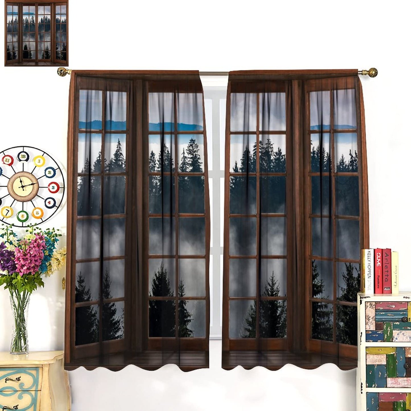 Misty Forest Landscape Curtains, Wooden Window Forest Mountain Rustic Bedroom Living Room Kitchen Blackout Curtains 42x45 Inch