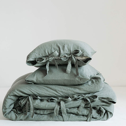 Simple&Opulence 100% Linen Duvet Cover Set, 3 Pieces Belgian Flax Breathable Bedding, King Size 104''x92'' (1 Comforter Cover+2 Pillowshams) with Tie Closure Style,Greyish-Green
