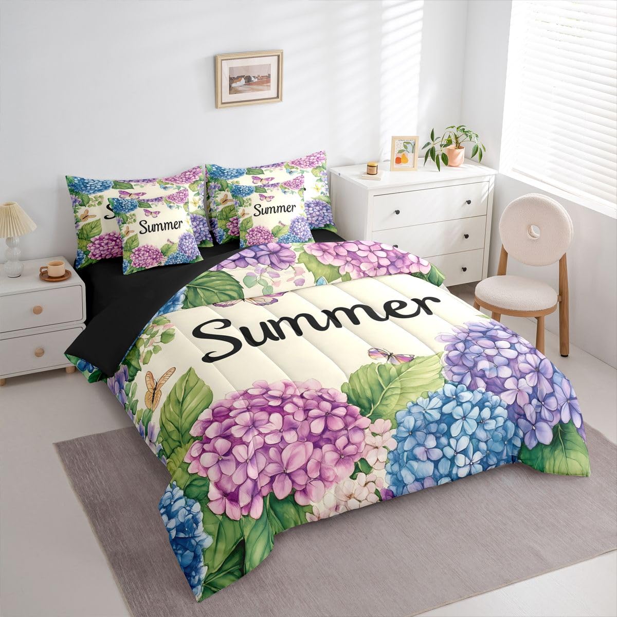 Erosebridal Watercolor Hydrange Queen Bedding Set Summer Purple Blue Floral Comforter Set Kids Girls Women Cute Butterfly 7-Piece Bed in a Bag Soft Pastel Botanical Art Quilt Sets