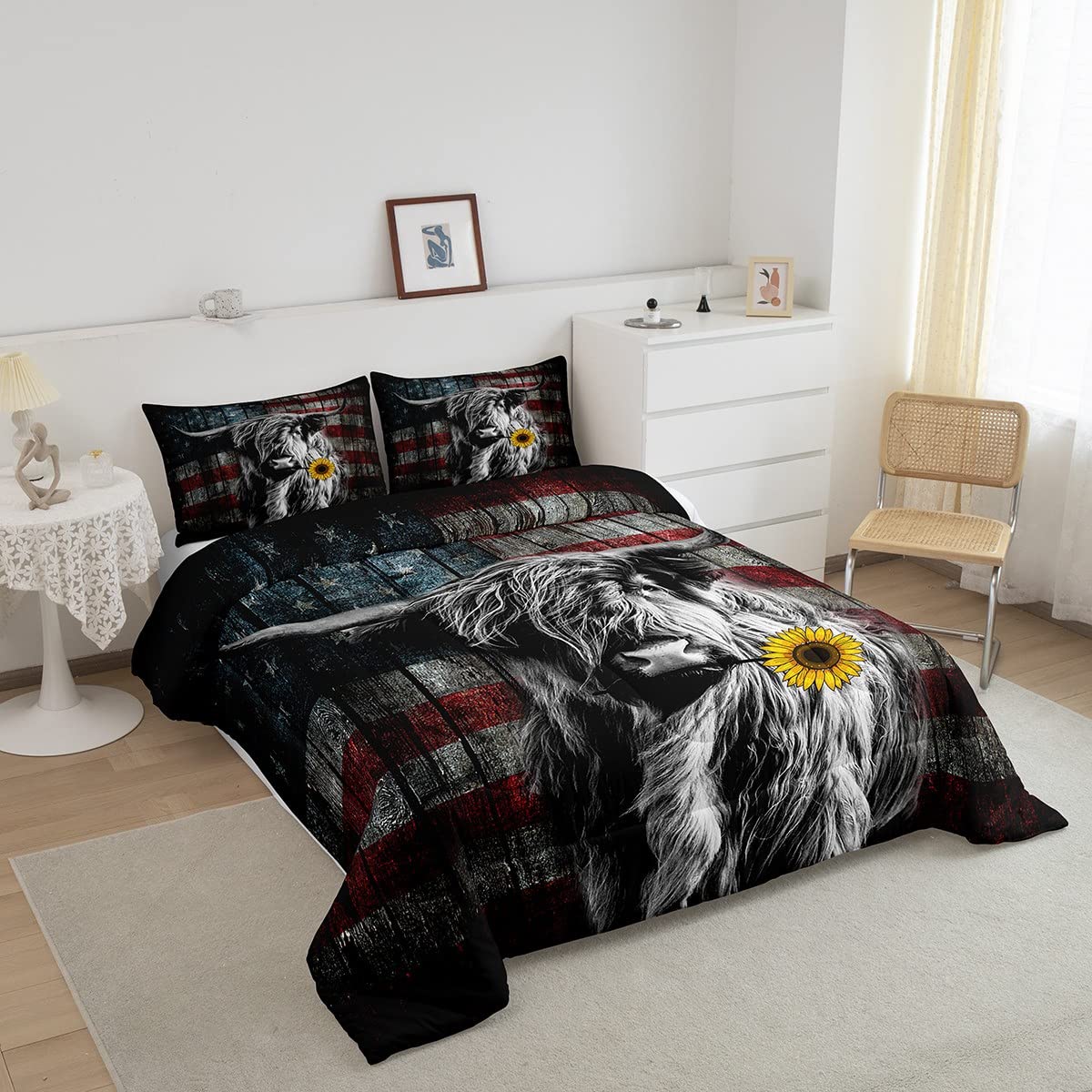 Feelyou Highland Cattle Bedding Set Sunflower Highland Cow Comforter Set for Kids Boys Girls America Flag Bull Comforter Animal Quilt Set 1 Comforter Set with 1 Pillowcase Twin Size