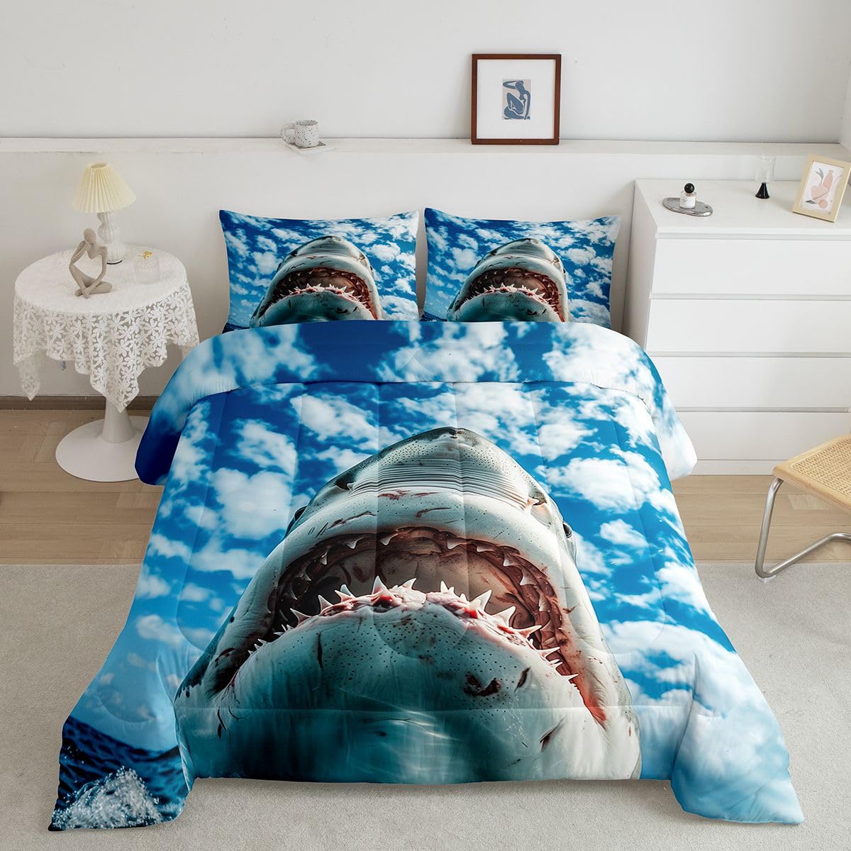 Feelyou Shark Bedding Set Soft for Boys Girls, Ocean Sea Animal Comforter Set Queen Size Sea Underwater World Duvet Quilt Microfiber Marine Theme Bedroom Decor 3 Pcs with 2 Pillow Cases