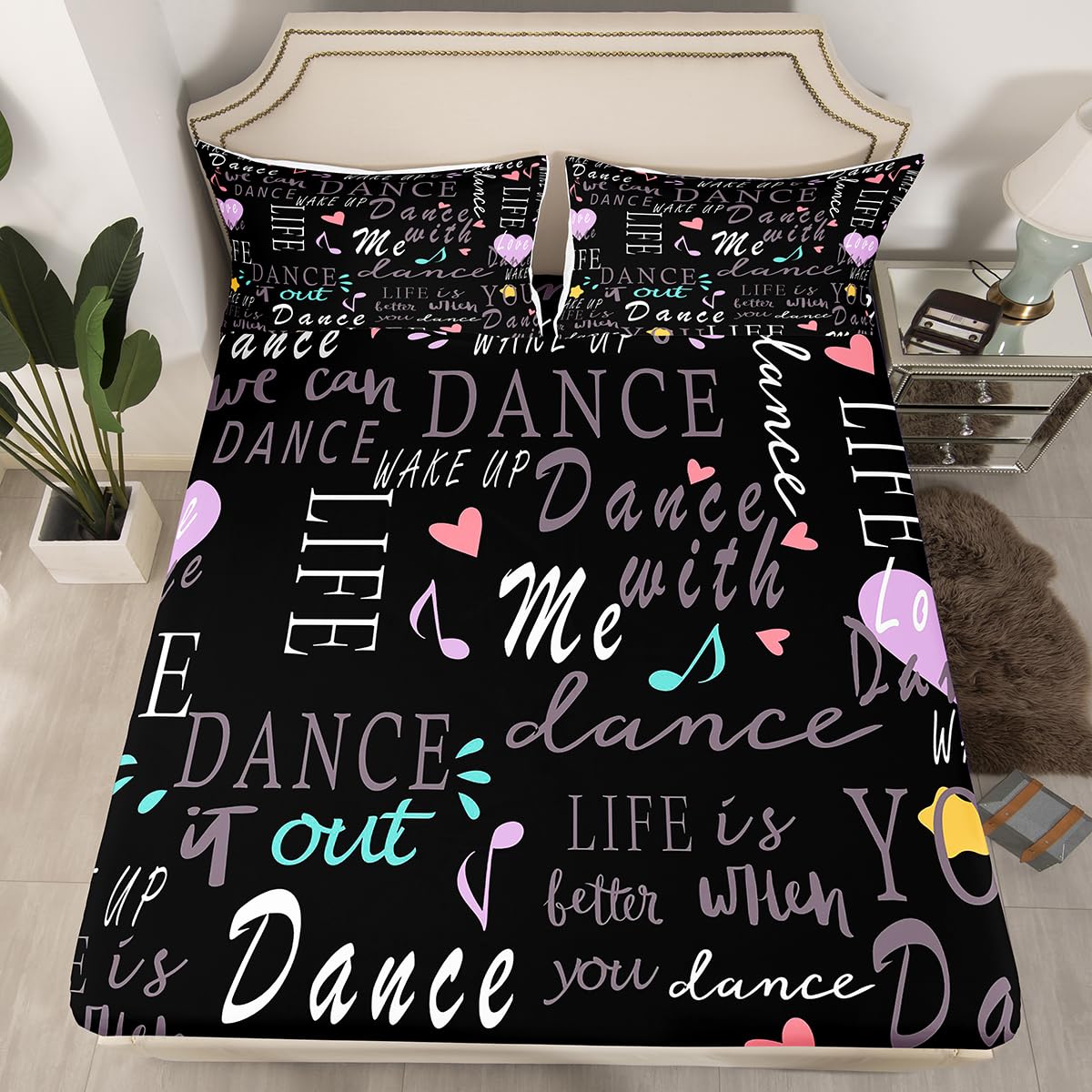 Feelyou Hippie Graffiti Bed Sheets Set Girls Dance Life Bedding Queen Size Includes 1 Fitted Sheets & 2 Pillowcases (No Flat Sheet)