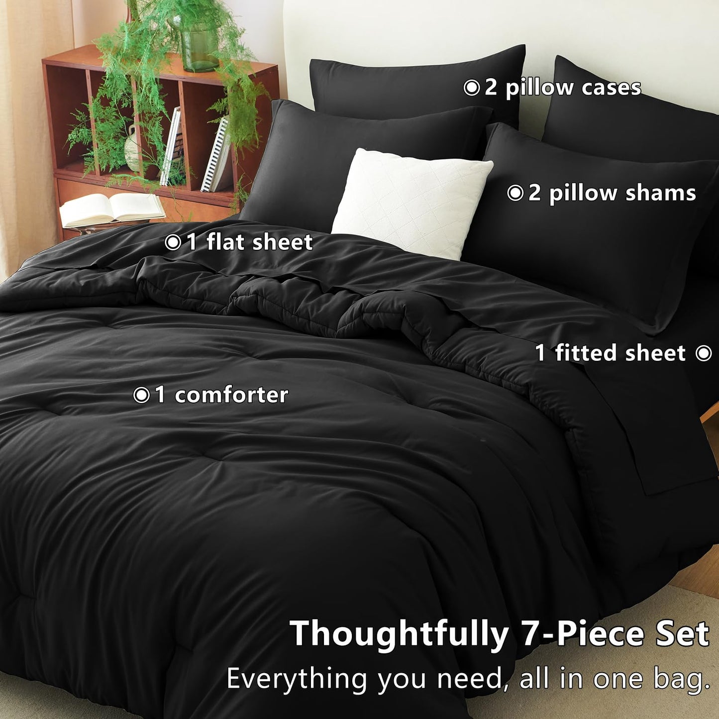 CozyLux Queen Comforter Set Black, 7 Pieces Bed in a Bag Queen Comforter Set with Sheets, Soft Bedding Sets with Down Alternative Comforter, Sheets, Pillowcases & Shams, Bed Set Gift for All Seasons