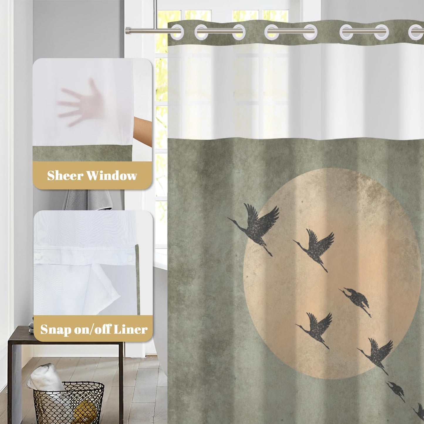 NAEMBCU No Hook Shower Curtain with Snap in Liner, Zen Moon and Crane Silhouette Print - Waterproof Double Layer Bath Tub Curtain with Mesh Top for Japandi Wabi Sabi Bathroom Decor, 71W x 74H