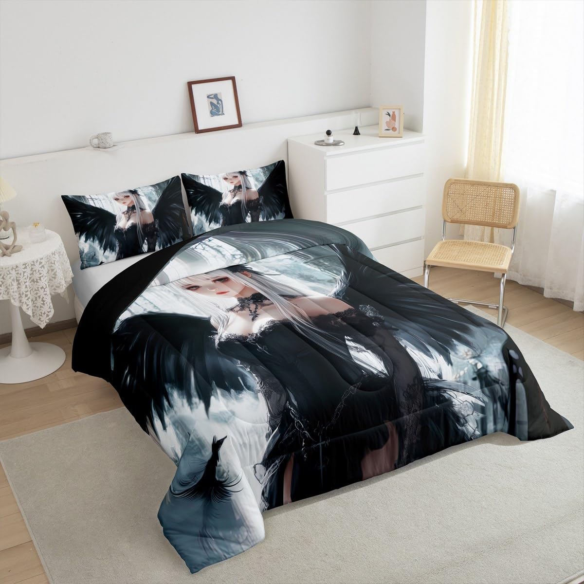 Erosebridal Anime Girl Bedding Set Twin Size, Kawaii Japanese Anime Comforter for Kids Boys Teens Adult, Cartoon Girl Quilt Japan Animation Bedroom Decor, Machine Washable, Black White