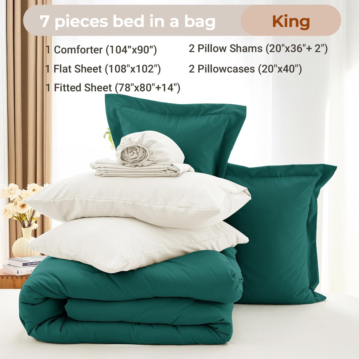 MUXHOMO 7 Pieces King Comforter Set, Soft Bed in a Bag King Size, All Season Bedding Set with Comforter, Flat Sheet, Fitted Sheet, Pillowcases & Shams, Peacock Blue & Ivory