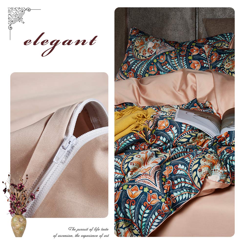 VM VOUGEMARKET Boho Duvet Cover Queen,Paisley Flower Printed Long Staple Cotton Duvet Cover with 2 Pillowcases,Retro Damask Medallion Bedding Set-3 Pieces 90"x90"
