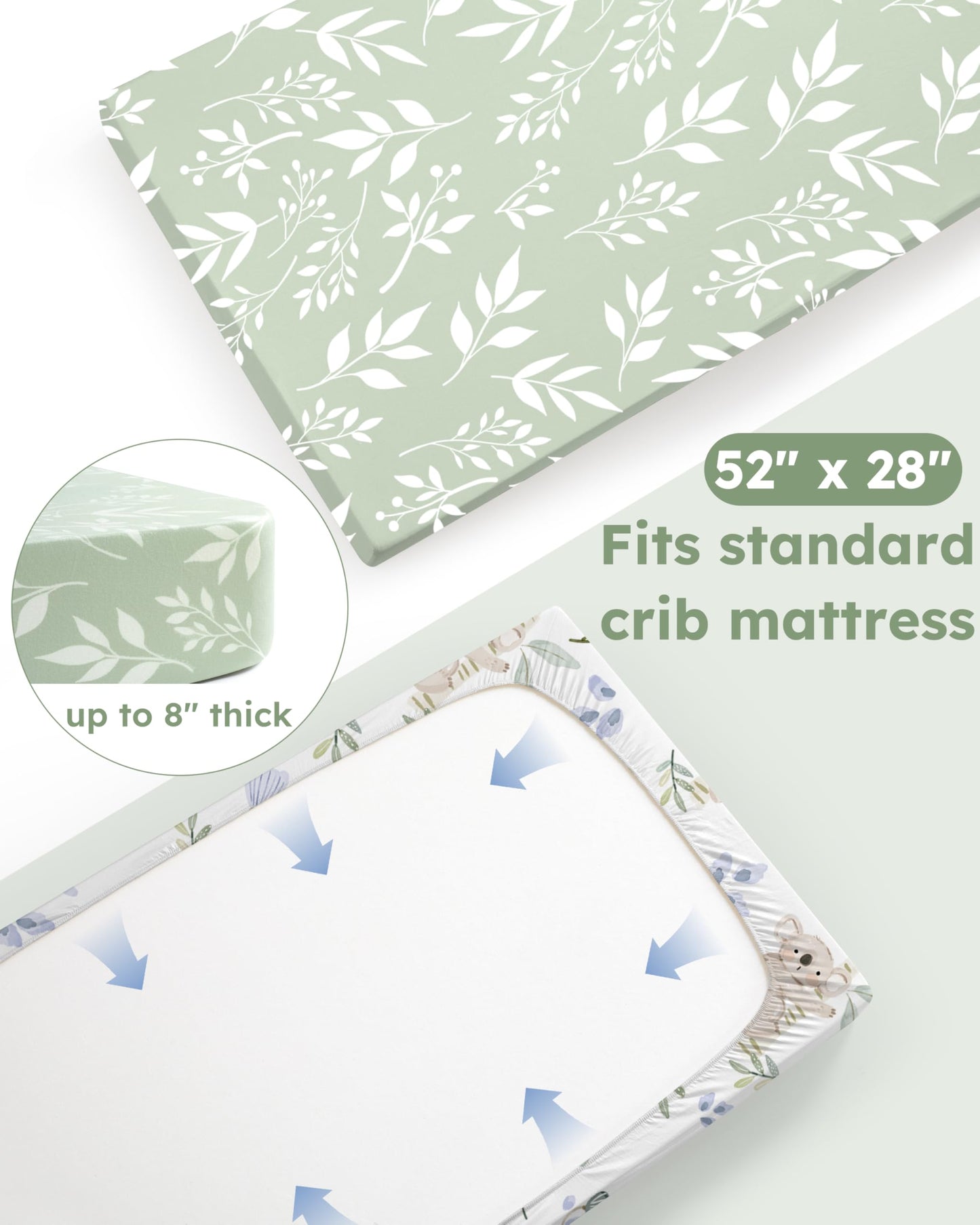 Nyessmee Baby Crib Sheets for Boys and Girls, Fitted Crib Sheets 52" x 28", Soft Breathable Microfiber Sheets for Standard Crib and Toddler Mattress, 2-Pack Green Koala