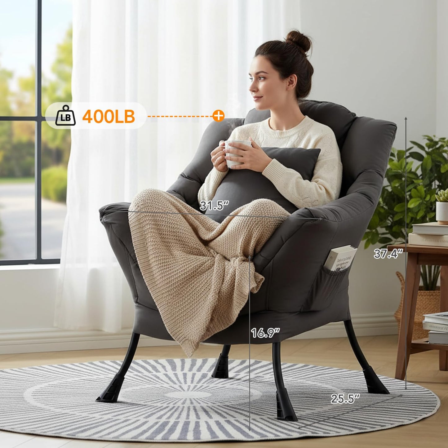 HomEastlly Lazy Chair for Living Room, Large Dark Grey Accent Chair with a Throw Pillow, Leisure Sofa Chair Set, Comfy Reading Chair for Bedroom, Dorm Room, Office