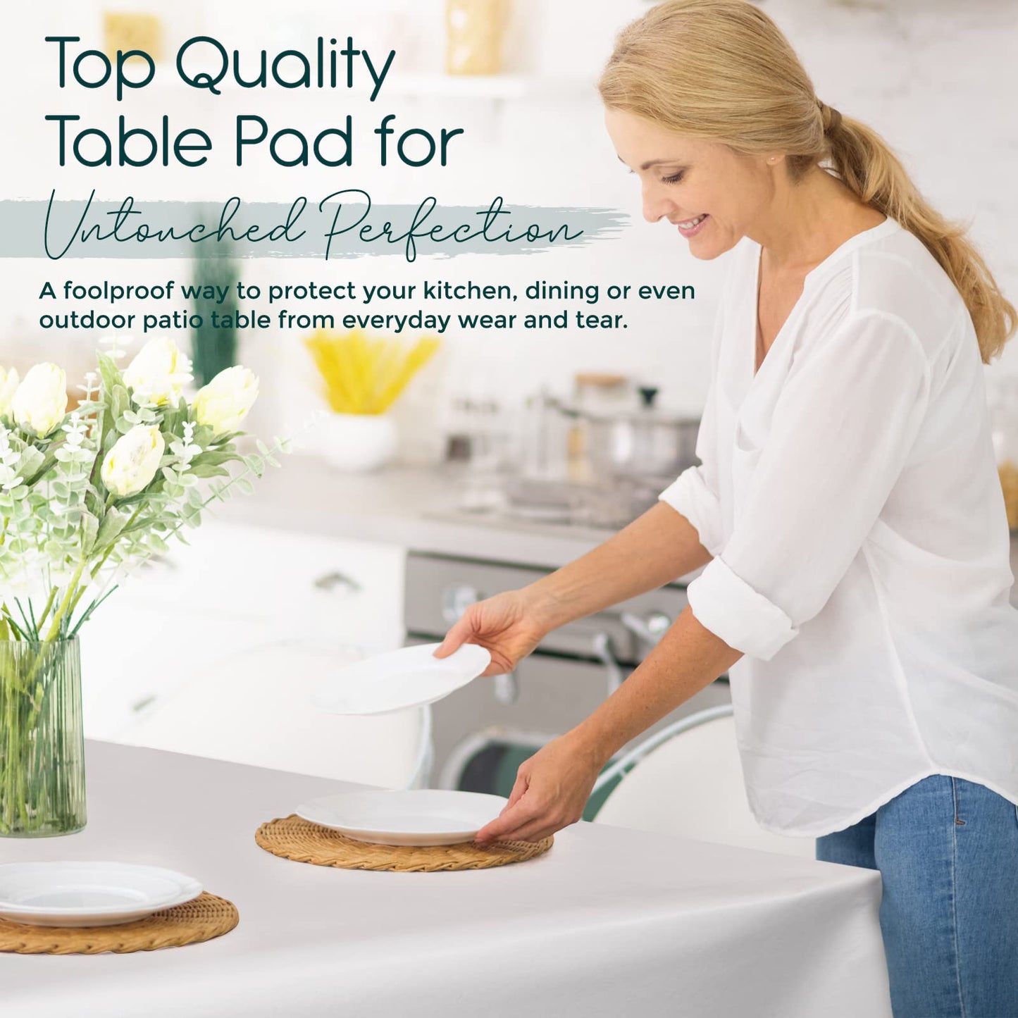 tablecloths by design - Quality Table Pad Protector, Superior Protection from Spills, Scratches & Heat - Reusable Vinyl Table Cloth with Cushion Flannel Backing (72" L x 54" W)