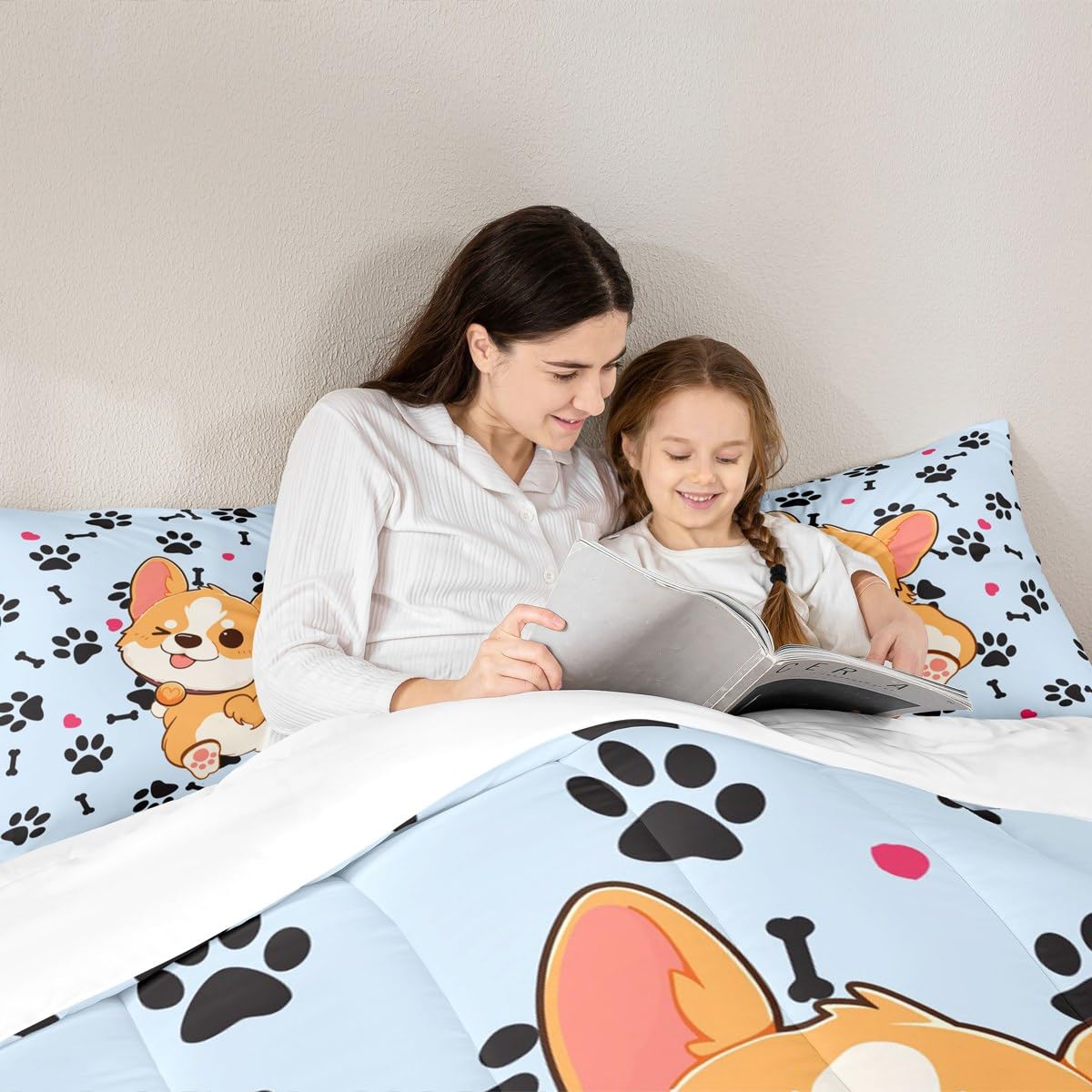 Castle Fairy Cute Corgi Comforter Set Twin Size,Cartoon Dog Footprint Bones Bedding 2pcs for Kids Boys Girls Room Decor,Smiling Doggy Quilt Family Paw Duvet Insert with 1 Pillowcase,Blue