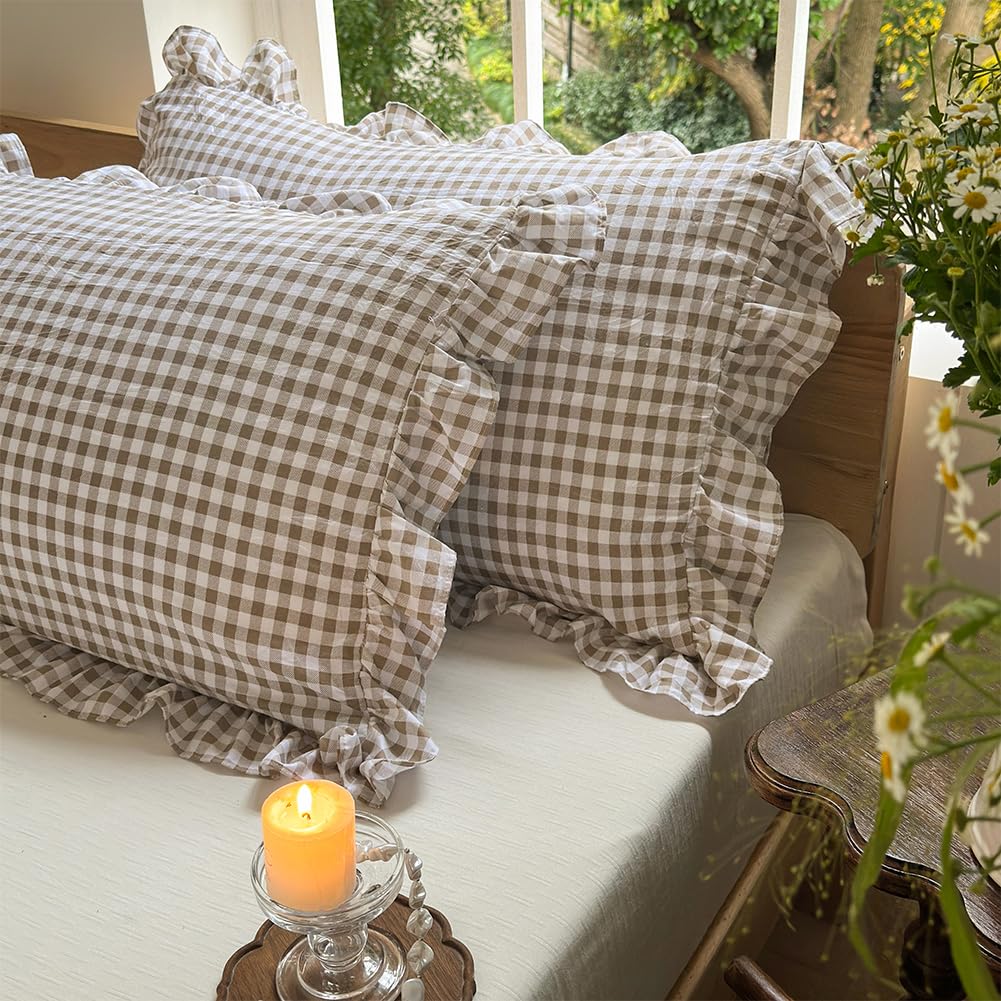 NSNLGSGC Tan Gingham Ruffle Queen Sheet Set, Taupe Soft Pre-Washed Microfiber Plaid Queen Bed Sheets, 4-Pieces Farmhouse Sheet Set with Deep Pocket