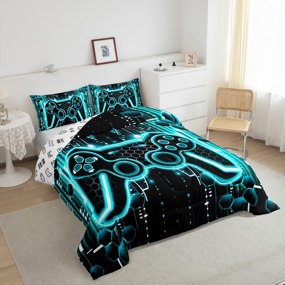 Feelyou Kids Light Blue Black Gamer Comforter Set Full Size, Gaming Comforter Boys Girls Game Bedding Set Gamepad Teens Duvet Set Bedroom Decor with 2 Pillow Case