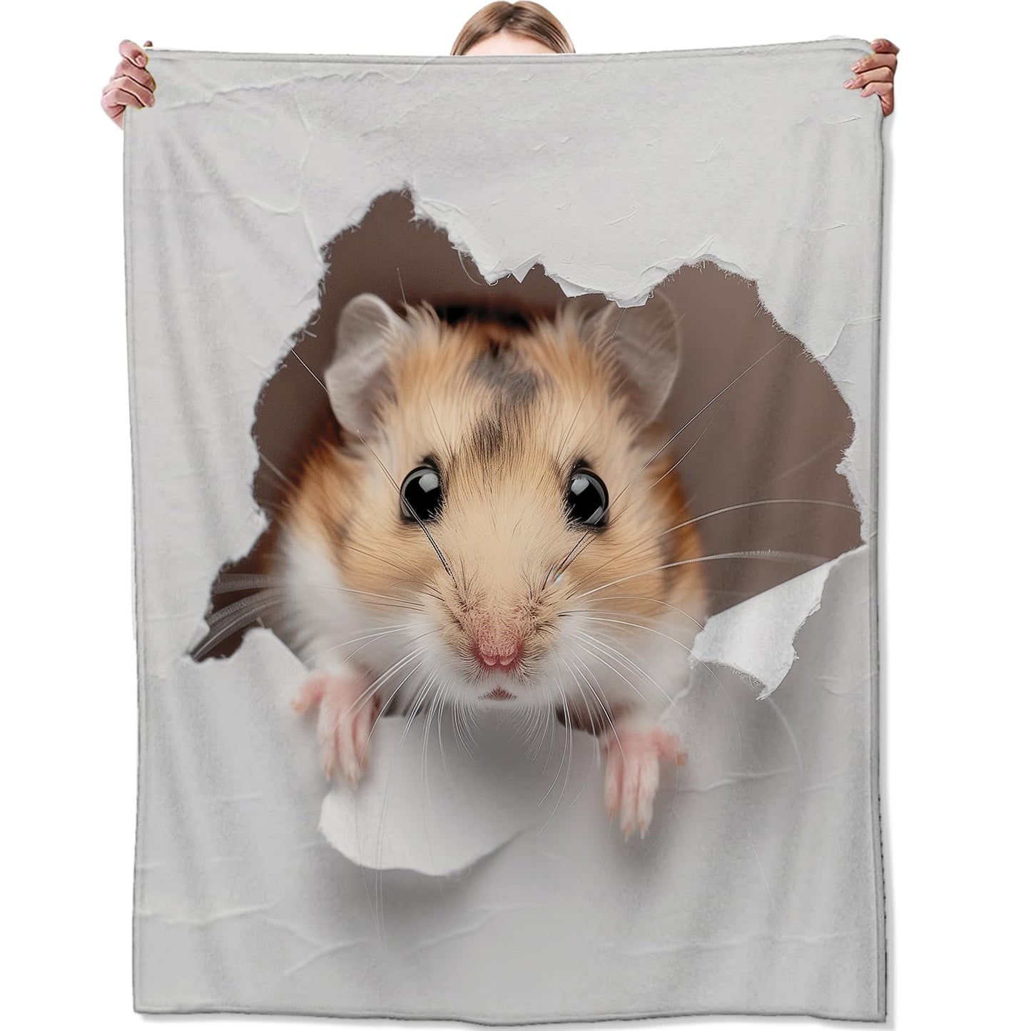 Zeleda Cute Hamster Blanket,Gifts for Pet Lovers,Lightweight Flannel Throw Blankets,Realistic Animal in Torn Paper Throws Home Decor,for Couch Living Room Office,60x50inch