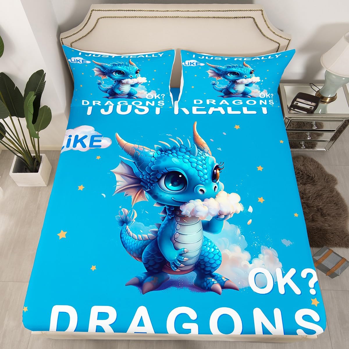Cartoon Dragon Kids Fitted Sheet Full Size,Starry Sky Clouds Bedding Set,Boys Girls Room Decor,Cute Western Dragon Wild Animal Bed Cover,Blue White Bed Sheet,2 Pillowcases