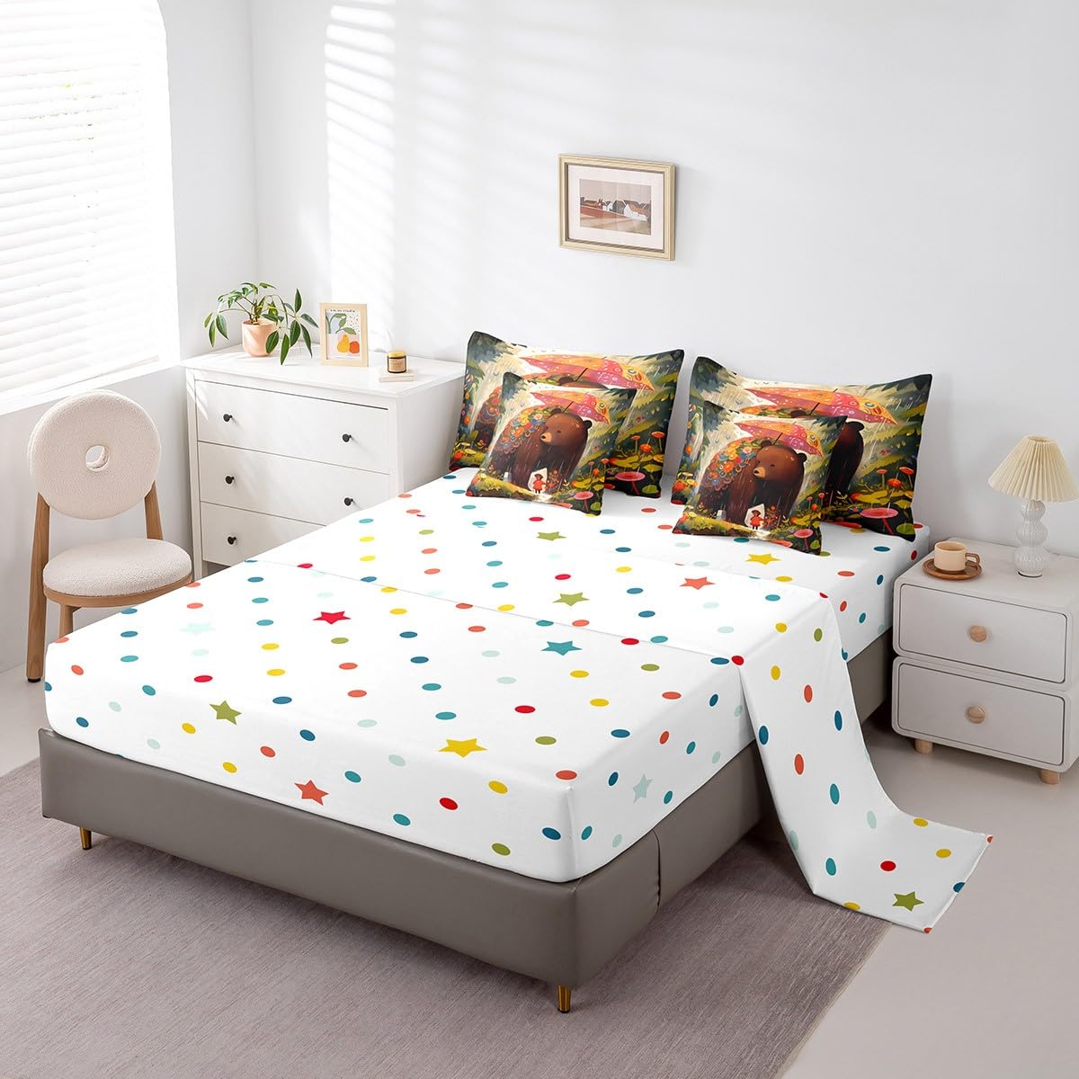 Erosebridal Kawaii Girl Bedding Set King Size, Cartoon Bear Comforter Set, Cute Bear Animals Flowers Kids Teens (Comforter+Fitted+Flat Sheet+2 Pillowcases+2 Throw Pillow Covers) 7 Pieces Bed Set