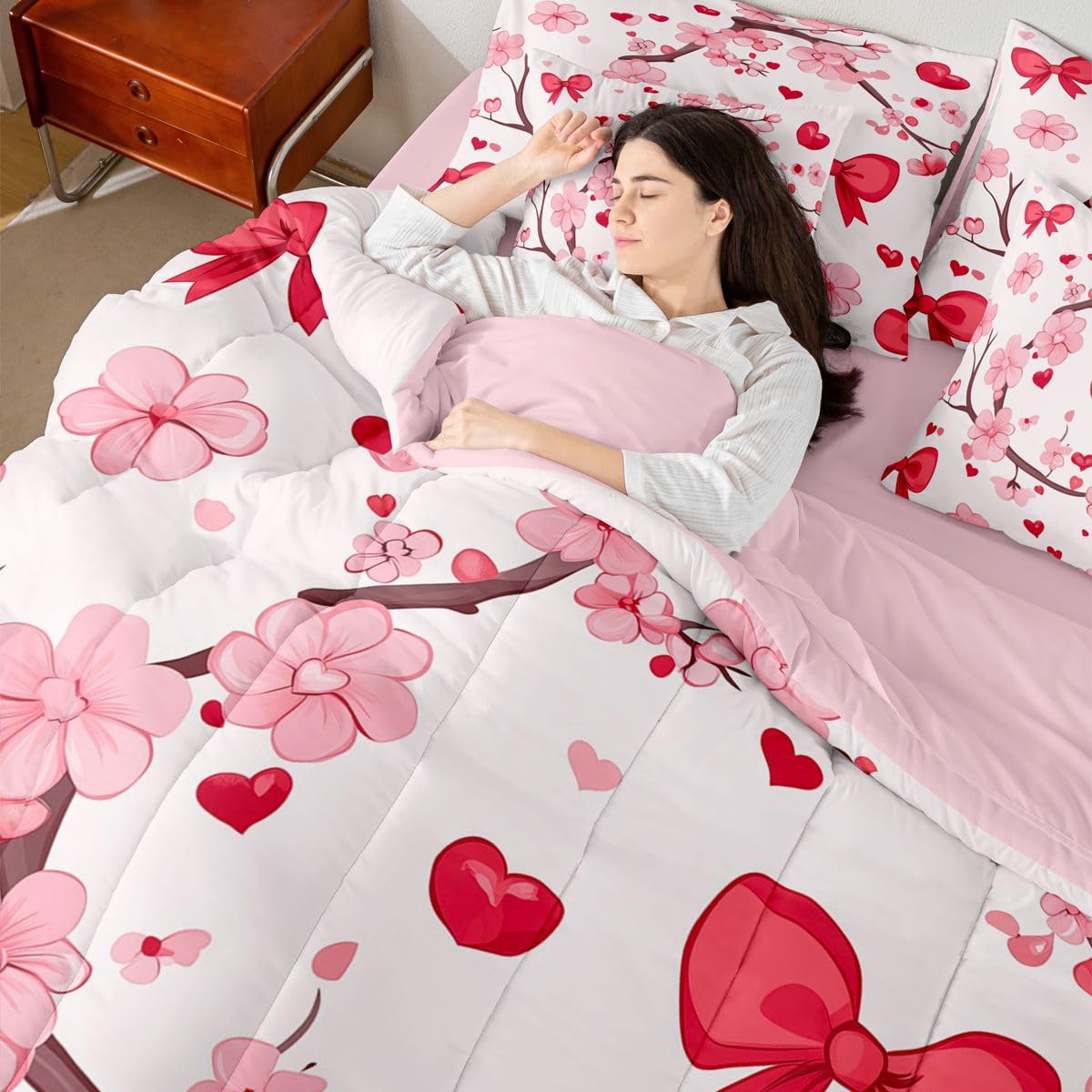 Erosebridal Pink Bowknot Queen Size Comforter Set,Cherry Blossom 7-Piece Bed in A Bag,Bowtie Heart Pattern Sheets and Pillowcases,Japanese Flower Pink Floral Branch Bedding Set Room Decor