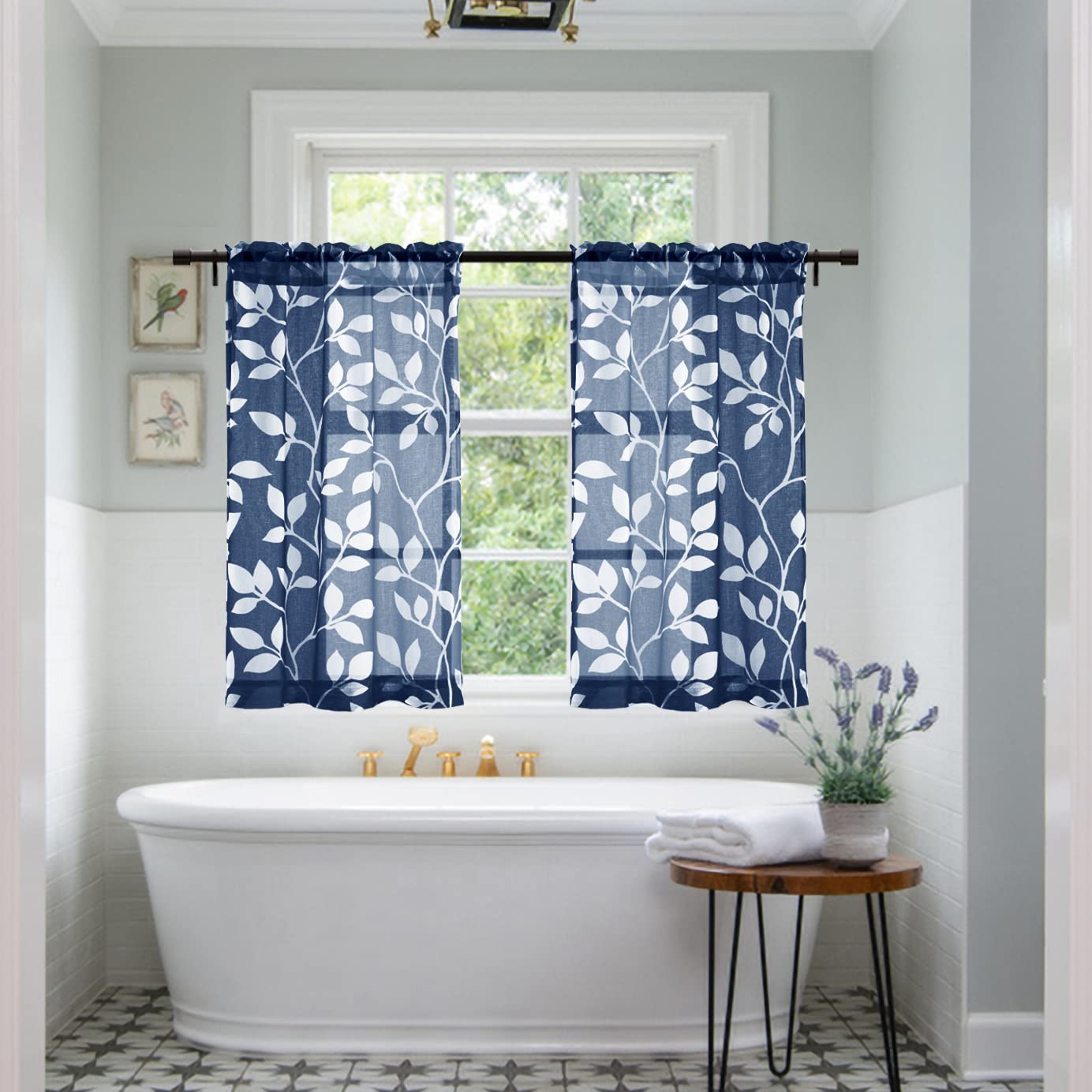 XTMYI Bathroom Curtains Window Short,Small Window Curtains Treatments for Kitchen,36 Inch Length,Navy Blue and White