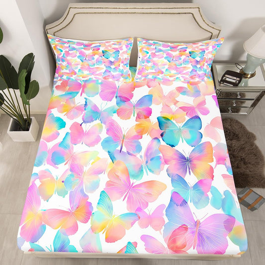 Feelyou Girls Butterfly Fitted Sheet Twin Size for Kids Boys Girls Pink Butterfly Bed Sheets Set 16" Deep Pocket Soft Breathable Microfiber Colorful Bedding with 1 Pillowcase Kawaii Animals Room Decor