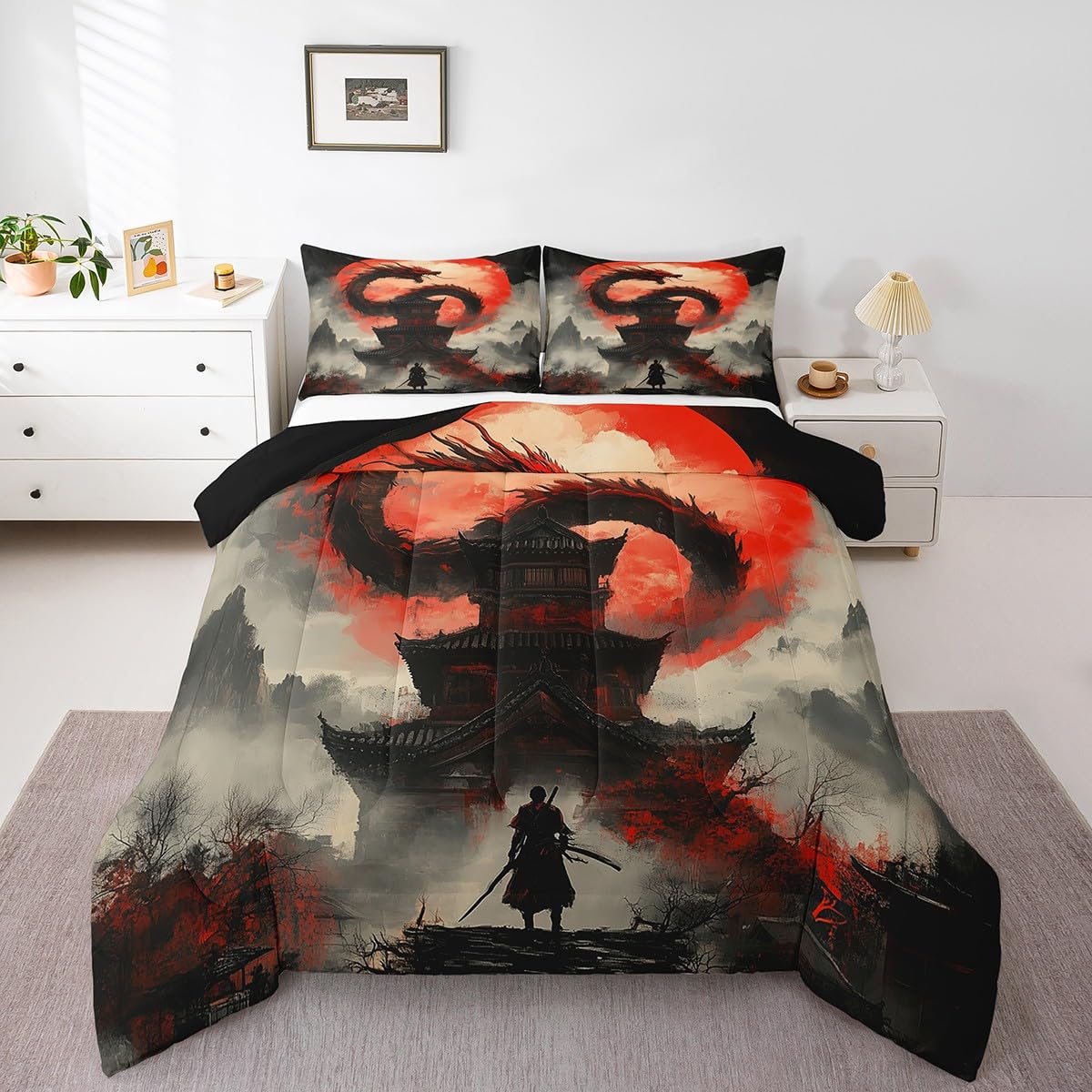 jejeloiu Dragon Comforter Set Japanese Style Samurai Bedding Set Full Size for Kids Boys Girls Teens Anime Sunset Duvet Set with 2 Pillow Case Moon Japan Comforter