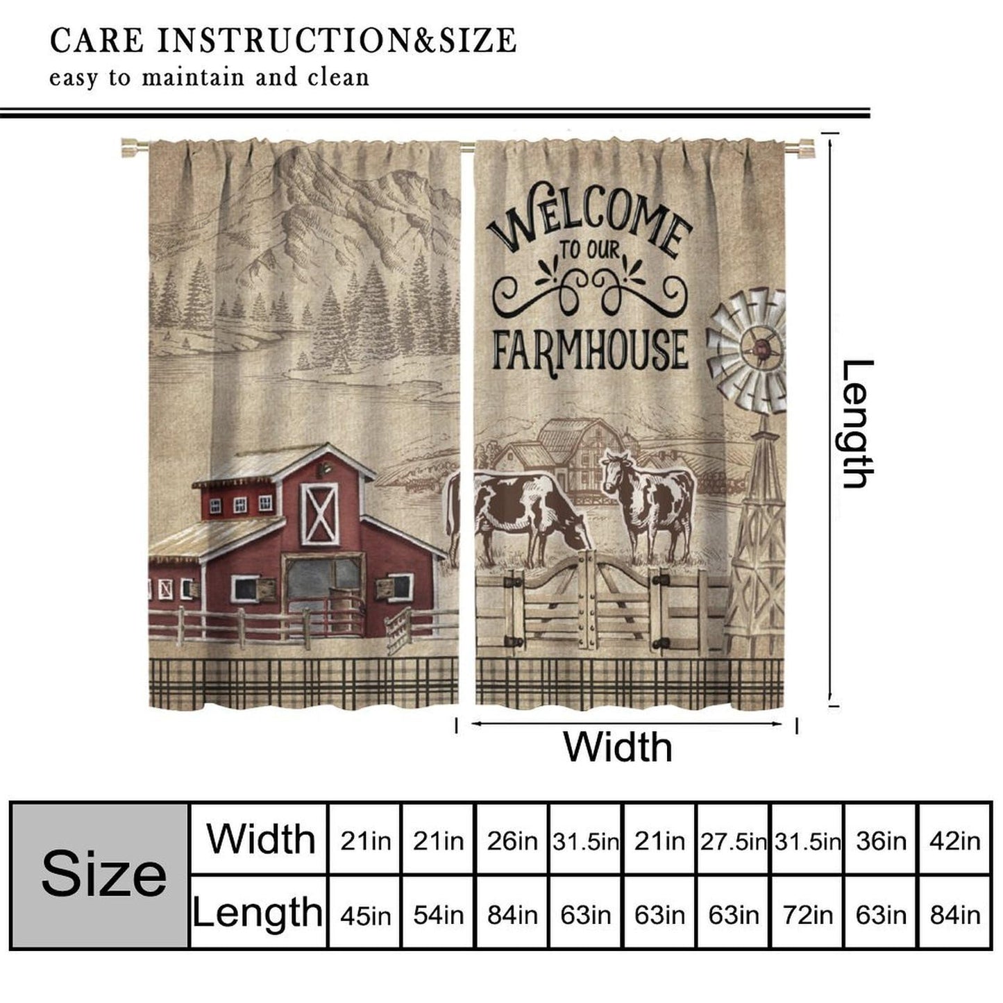 VUMIVI Farm Curtains Cows Windmill Fence Forest River Mountains Rustic Natural Landscape Rod Pocket Window Treatments for Bedroom Kitchen Living Dining Apartment Dorms Cafe 42" W X 44.5" L