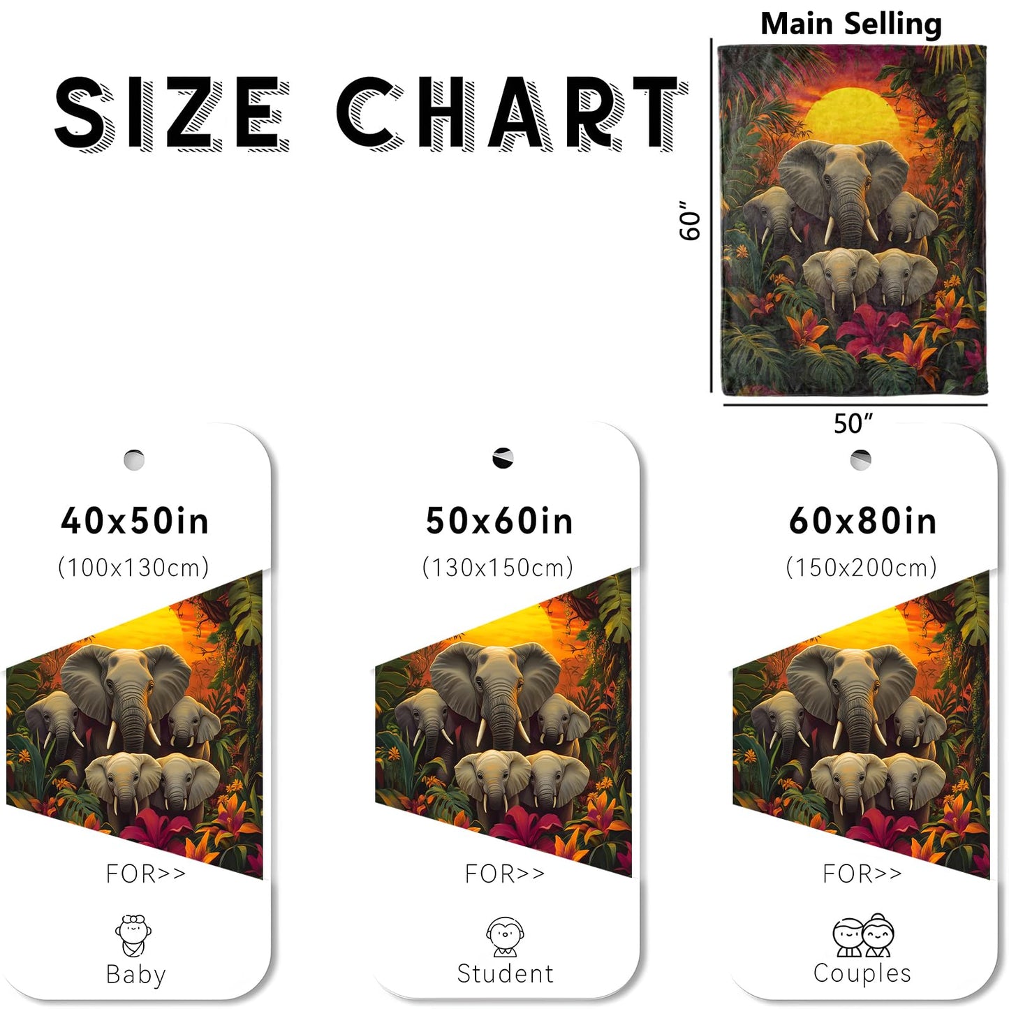 wyxdwh Jungle Elephant Blanket, Cozy Flannel Tropical Sunset Nature Scene Throw Blanket for Couch Outdoor, Plush Soft Lightweight Travel Blankets for Bed Decor and Gifts, for Women Adults Kids 50"x60"