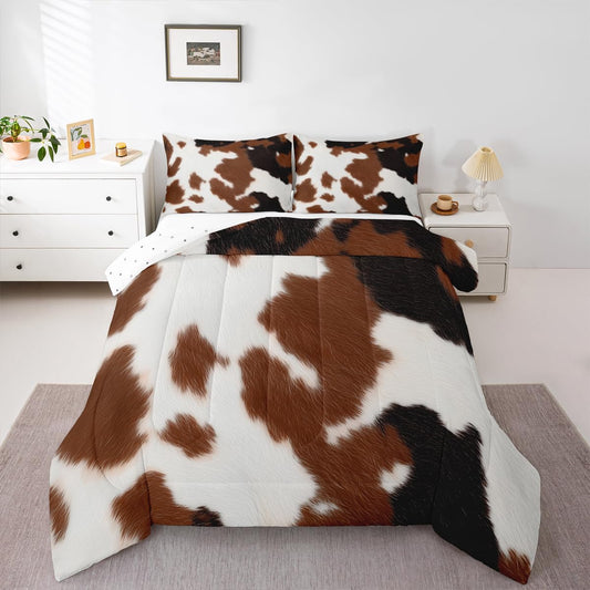 Feelyou Cow Fur Comforter Set Western Wildlife Comforter Cover for Kids Boys Girls Teens Animal Fur Skin Print Bedding Set White Brown Duvet Set Room Decor Comforter Queen Size Boys