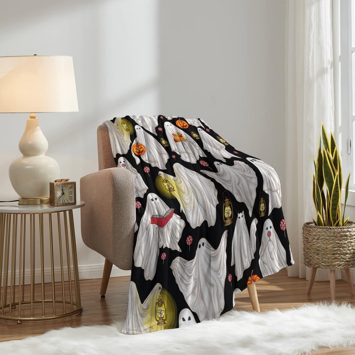Home Decor Throw Blanket, Halloween Ghosts Warm Soft Cozy Flannel Bed Blankets for Bed, Couch, Sofa and Chair, All Seasons Suitable, 60x50 inches