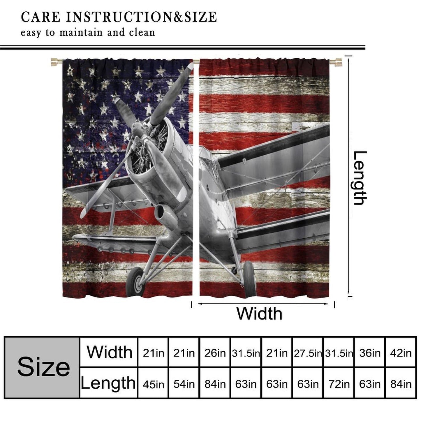 AAVEUP Airplane Curtains Retro Rustic American Flag Old Military Combat Aircraft Windows Treatments Rod Pocket Drapes for Kids Boys Teenager Living Room Bedroom Kitchen 42x45in