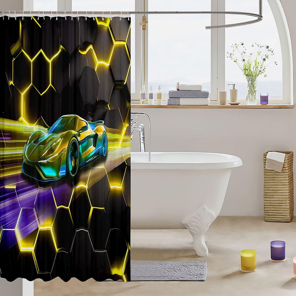 Feelyou Race Sports Car Shower Curtain for Bathroom Decor Honeycomb Bath Curtain for Stalls Bathtubs Extreme Sports Bathroom Accessories Waterproof Polyester Fabric with 12 Hooks 72"x72"