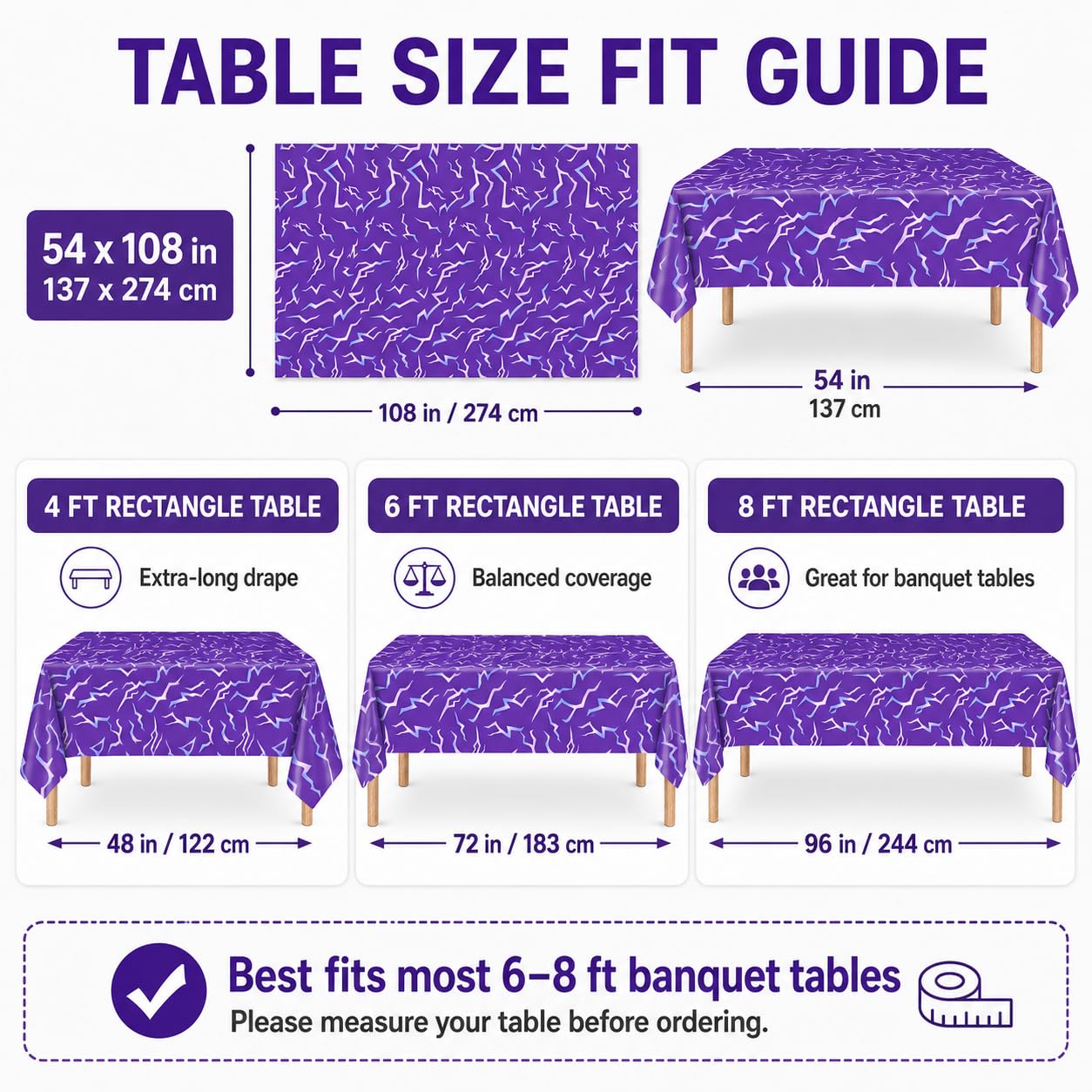 ANLLECR 3Pcs 54 x 108 Inch Purple Demon Lightning Theme Disposable Tablecloth, Waterproof Plastic Table Cover for Birthday Party, Music Themed Party, Halloween & Event Decorations