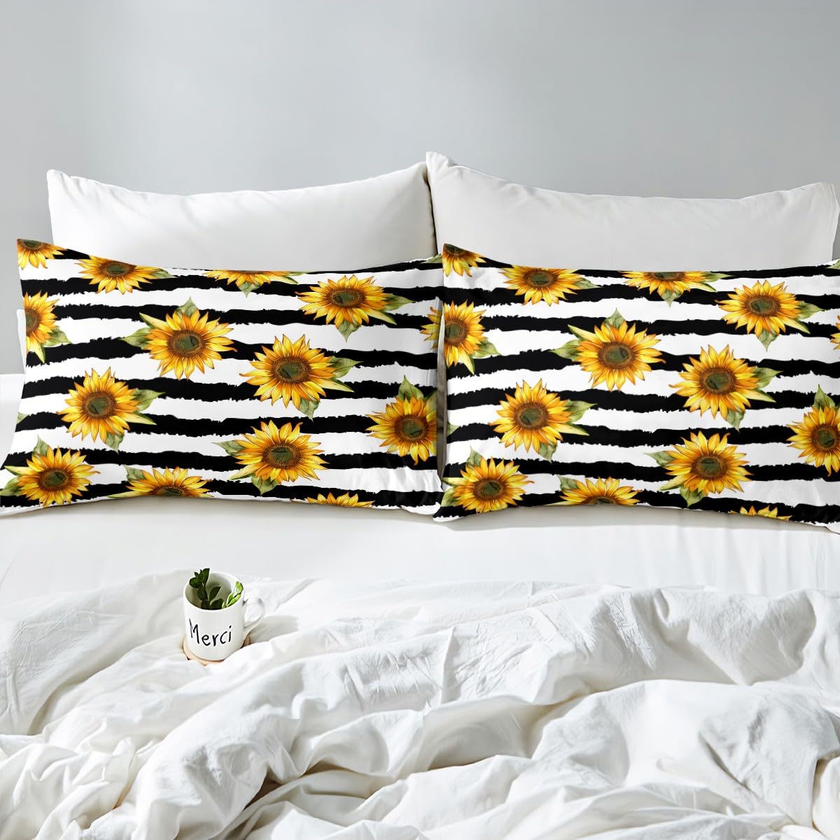 Feelyou Sunflower Fitted Sheet Twin Stripes Pattern Decor Bedding Set Panoramic Printed Adult Teen Kids Bed Sheet Set Garden Theme Bed Cover for Boys Girls Women Plant Decor Soft (No Flat Sheet)