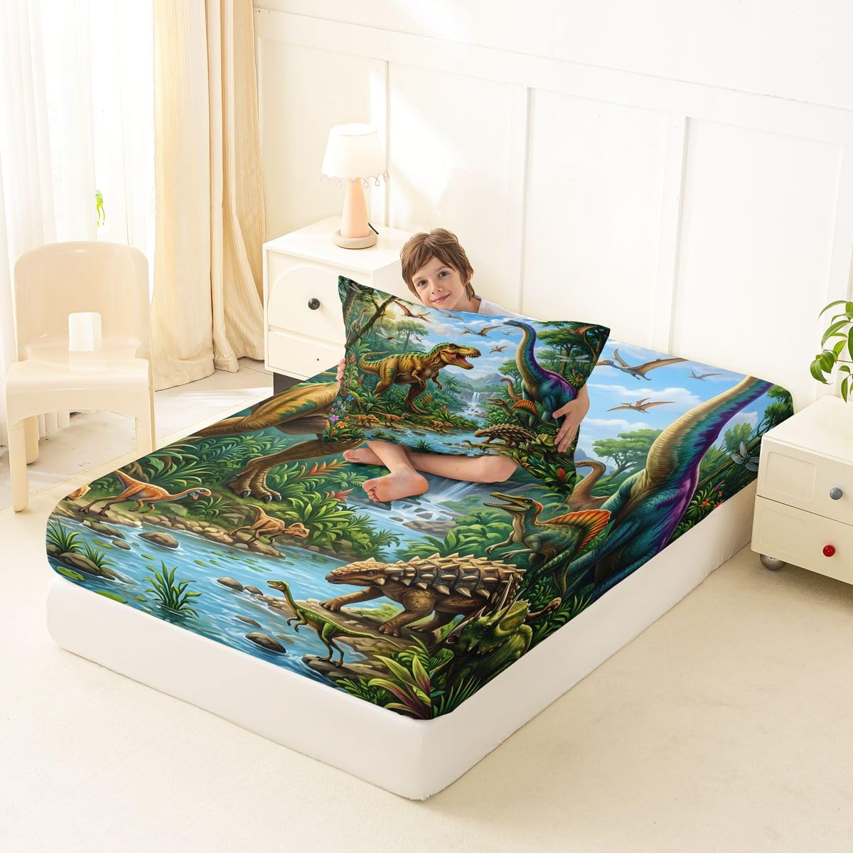 Feelyou Dinosaur Bed Sheets Set Twin Size 3D Digital Print Bed Set Jungle Dino Deep Pocket Fitted Sheet Wild Animal Breathable Soft Lightweight Microfiber Blue White Green Yellow