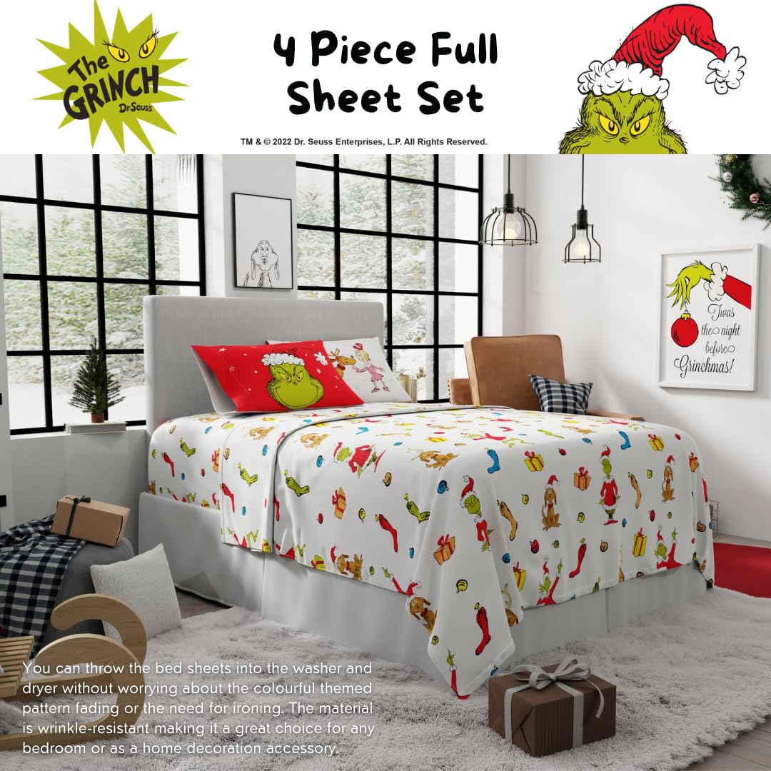 Dr. Seuss The Grinch Holiday & Christmas Bedding Super Soft Microfiber 4 Piece Full Sheet Set, (Officially Licensed Product) by Franco