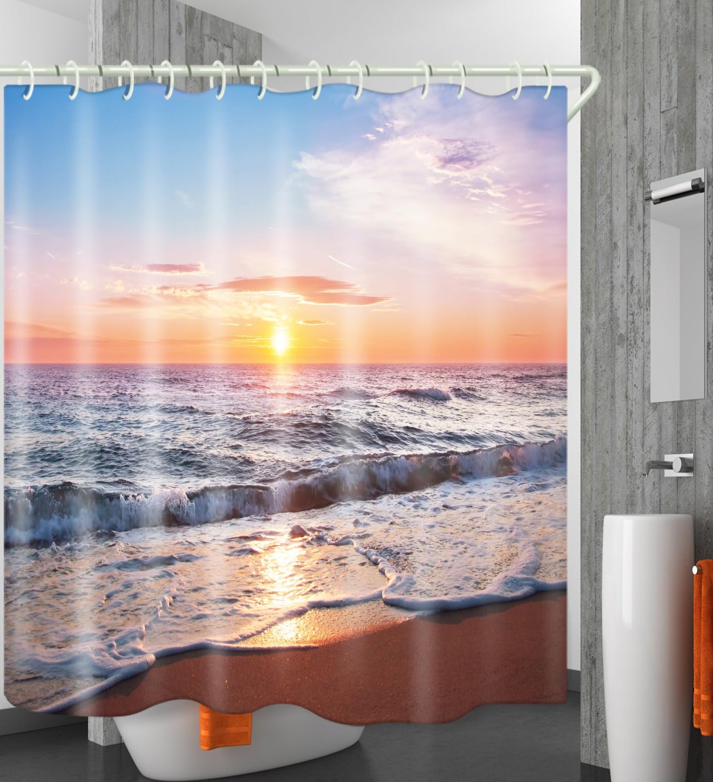 LYFANS Bathroom 3D Beach Sunset Decorative Shower Curtains, Fabric Shower Curtains with 12 Curtain Hooks, Bathtub Shower Curtain, 72x79 inch Waterproof Shower Curtain
