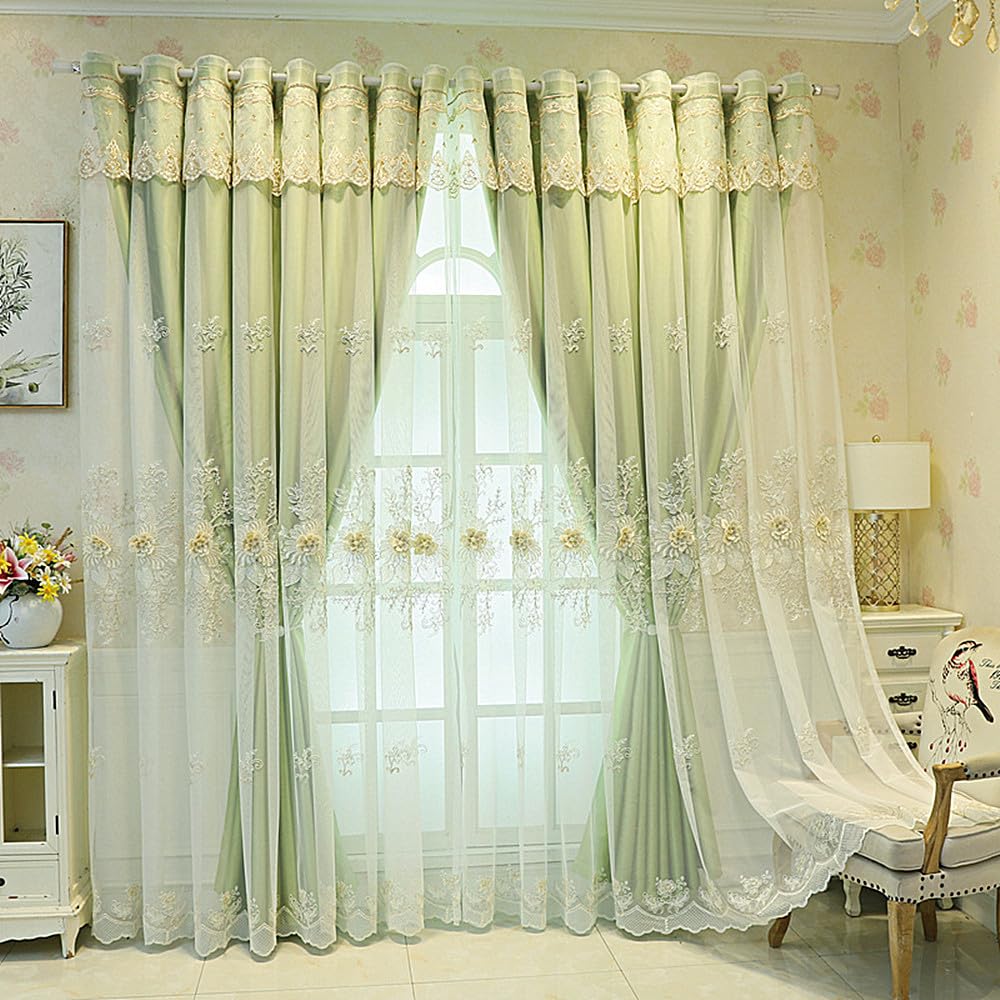 Amidoudou 1 Pair Luxury European Curtains with Valance for Living Room Bedroom Double Layer Embroidered Room Darkening Curtains (Green,51x95 Inch)