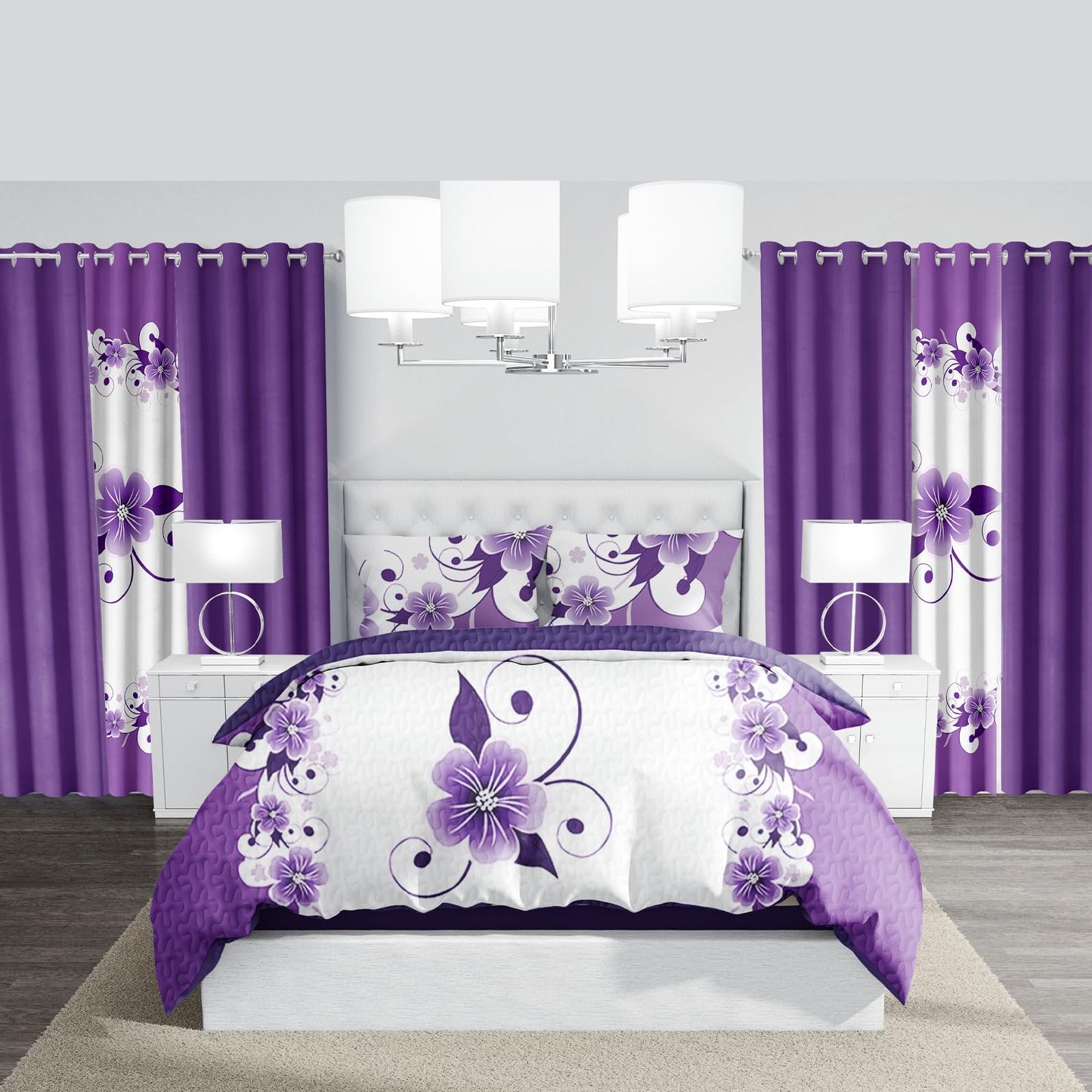 CozyCreatures Vintage Boho Purple White King Light Comforter Set, 9-Piece Bed in a Bag with Curtains, Brushed Microfiber Bedspread Set with Matching Curtains for Master Bedroom, Machine Washable