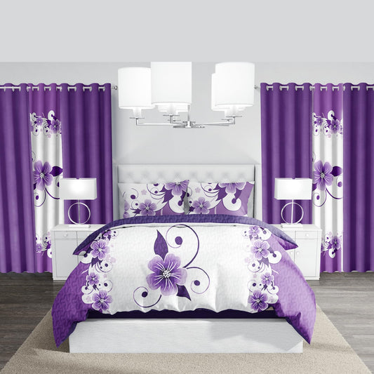 CozyCreatures Vintage Boho Purple White King Light Comforter Set, 9-Piece Bed in a Bag with Curtains, Brushed Microfiber Bedspread Set with Matching Curtains for Master Bedroom, Machine Washable