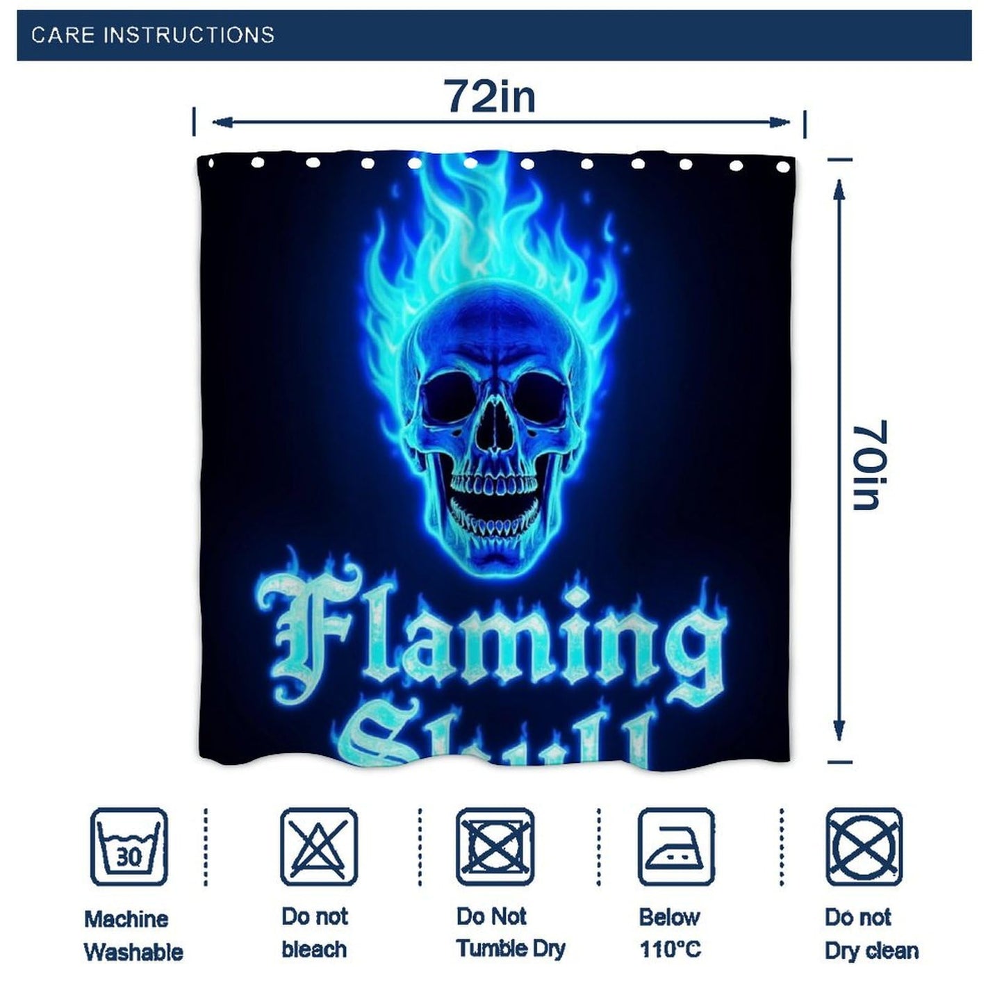 Fashion Hotel Bathroom Decorative Shower Curtain with Hooks, Blue Flaming Fire Skull Waterproof Lightweight Shower Curtain