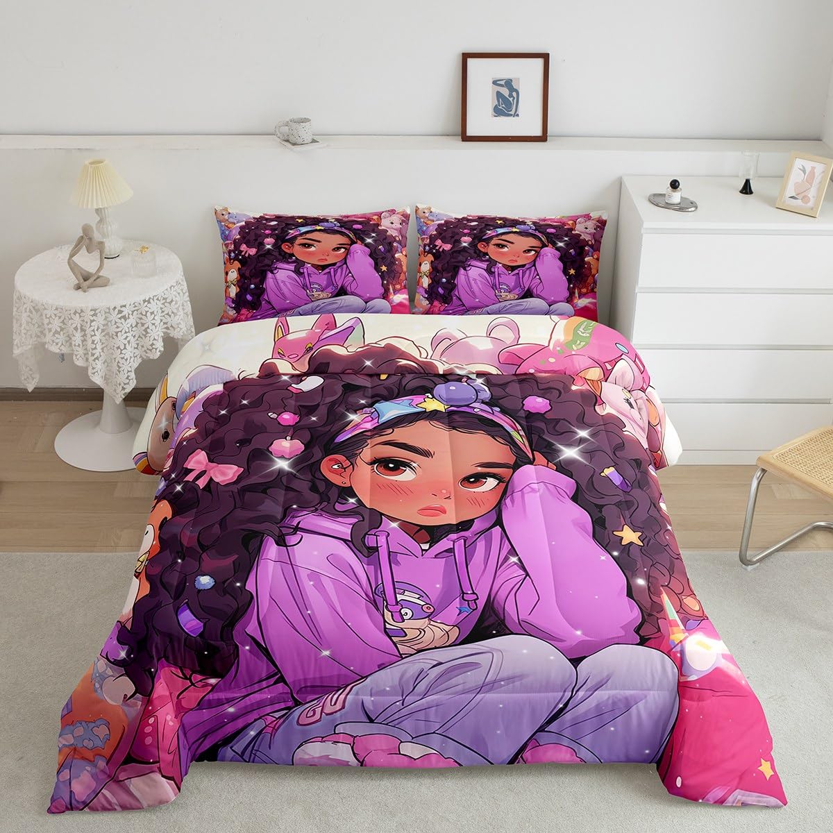 Erosebridal Black Girls Bedding Set Afro Girl Twin Comforter Set for Girls,American African Princess Magical Quilt for Toddler Kids Teenager,Kawaii Room Decor,Purple
