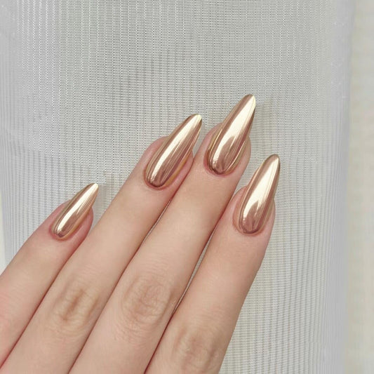 Light Gold Chrome Press on Nails Medium Almond, KQueenest Mirror Metal Stiletto Fake Acrylic Nails with Bling Design, Glue on Nails for Daily Party Wear,False Nails Press ons in 24 PCS